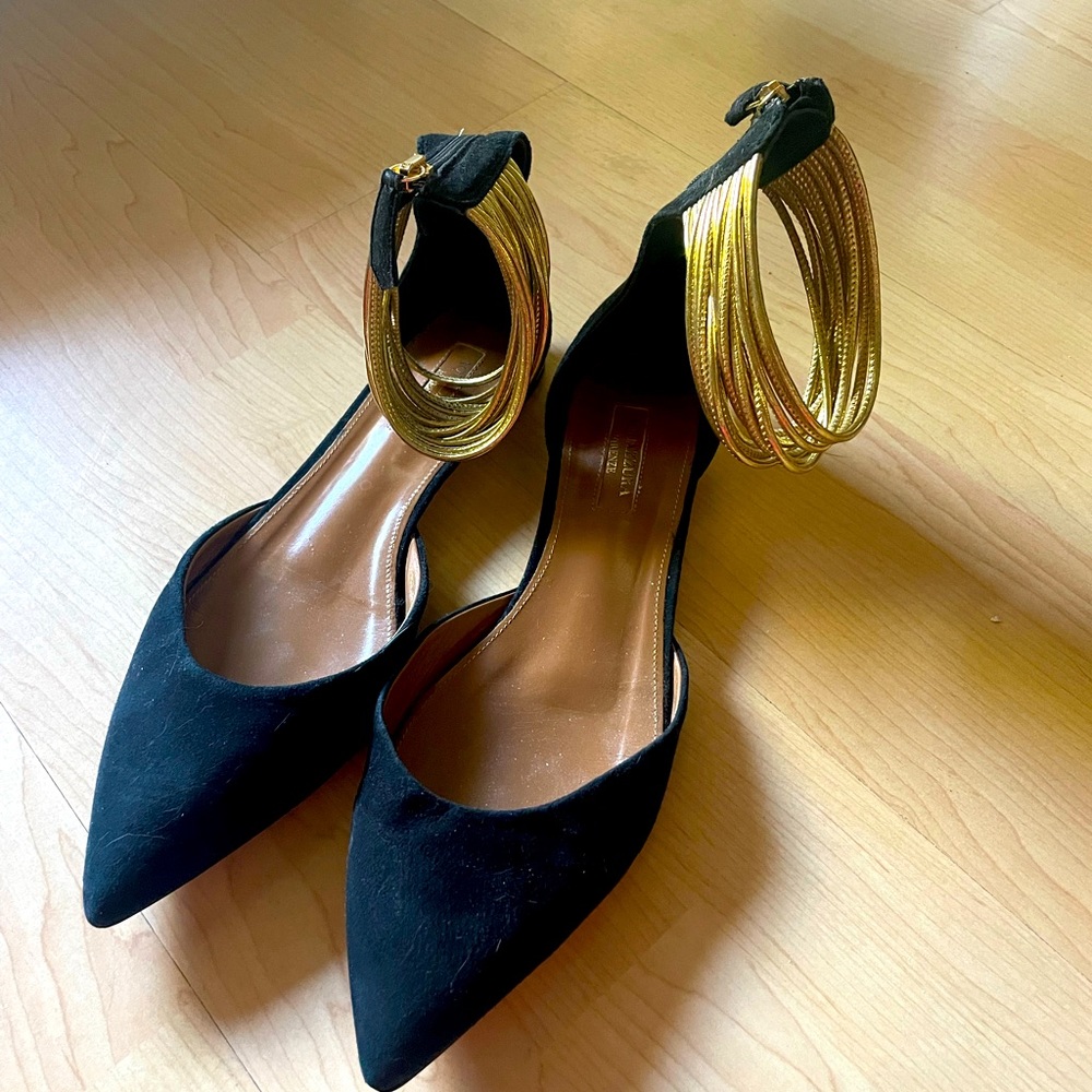 Suede and gold ankle sandals